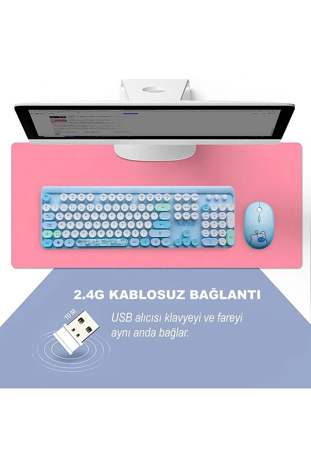 Sevimli Ayıcık Desenli Kablosuz Klavye & Mouse Set - Türkçe, Renkli ve  Yuvarlak Tuşlar ! - 5