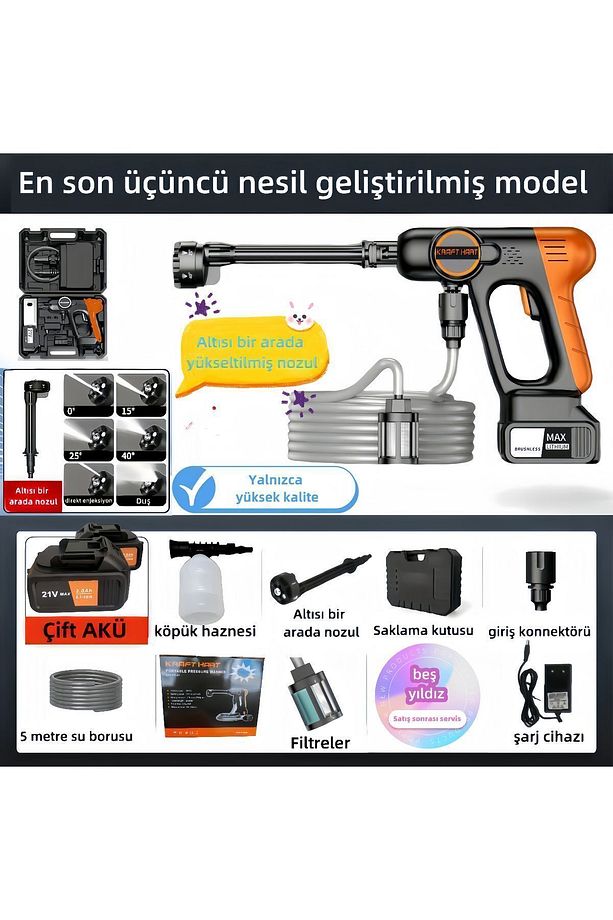Çift Akülü Şarjlı Yüksek Basınçlı Oto Araba Bahçe Yıkama Ve Temizleme Tabancası Makinesi-turuncu - 1