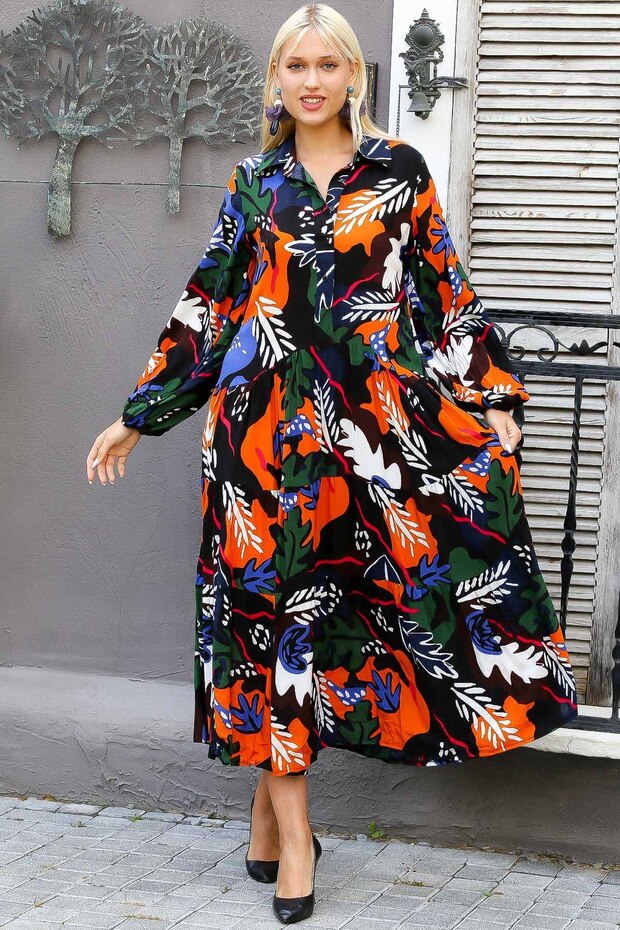 Women's Black Round Neck Floral Buttoned Pocket Oversize Casual Viscose Woven Dress