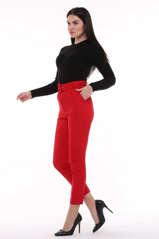 Cedy Women's High Waist, Pleated Ankle-Length Woven Trousers, C3008 Red