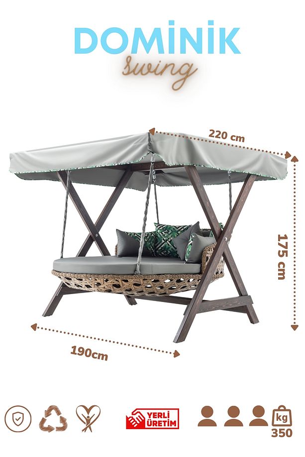 Dominik Swing Ahşap Rattan Salıncak Dış Mekan Bahçe Balkon Ve Teras Salıncağı Gri - 7