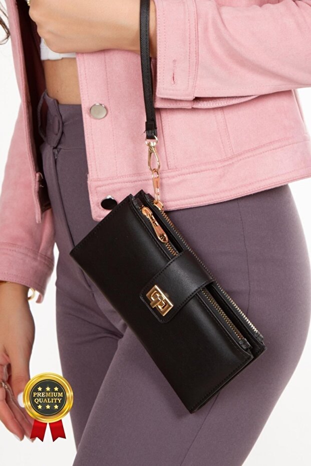 Női fekete Venesia papír érmekártyatartó rekesz, zárható csuklópántos portfóliós pénztárca - 8