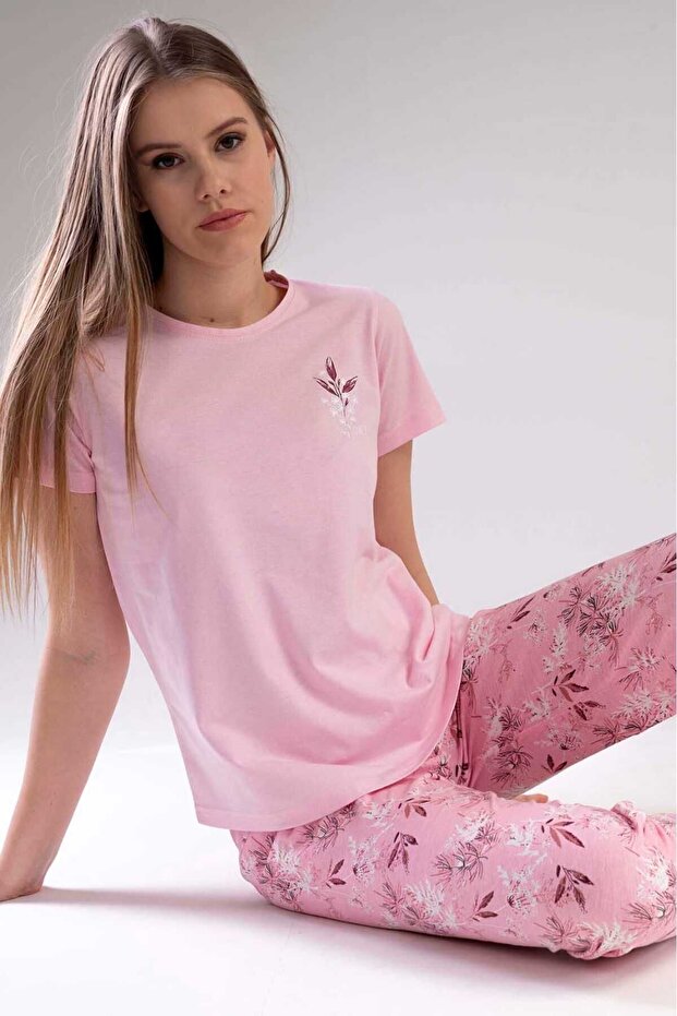 Women's Pink Short Sleeve Patterned Crew Neck Oval Skirt Single Jersey Pajama Set