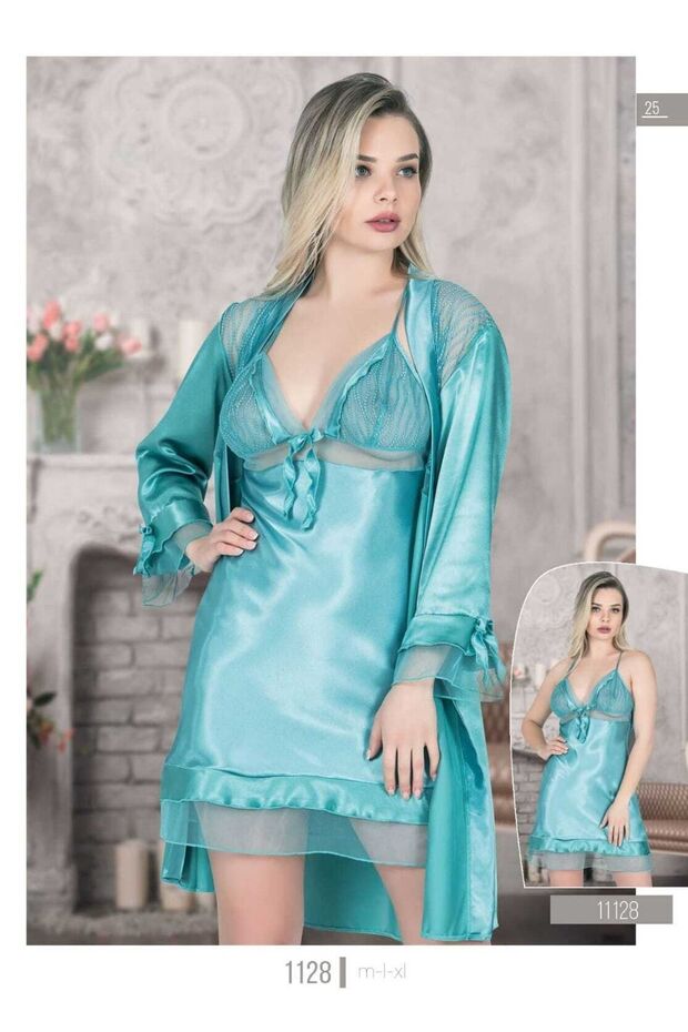 Satin Nightgown and Dressing Gown 2-Piece Set with Lace and Lacing Turquoise Blue 1128