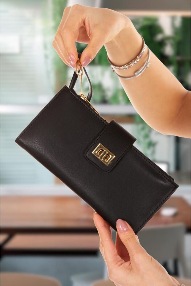 Női fekete Venesia papír érmekártyatartó rekesz, zárható csuklópántos portfóliós pénztárca - 2