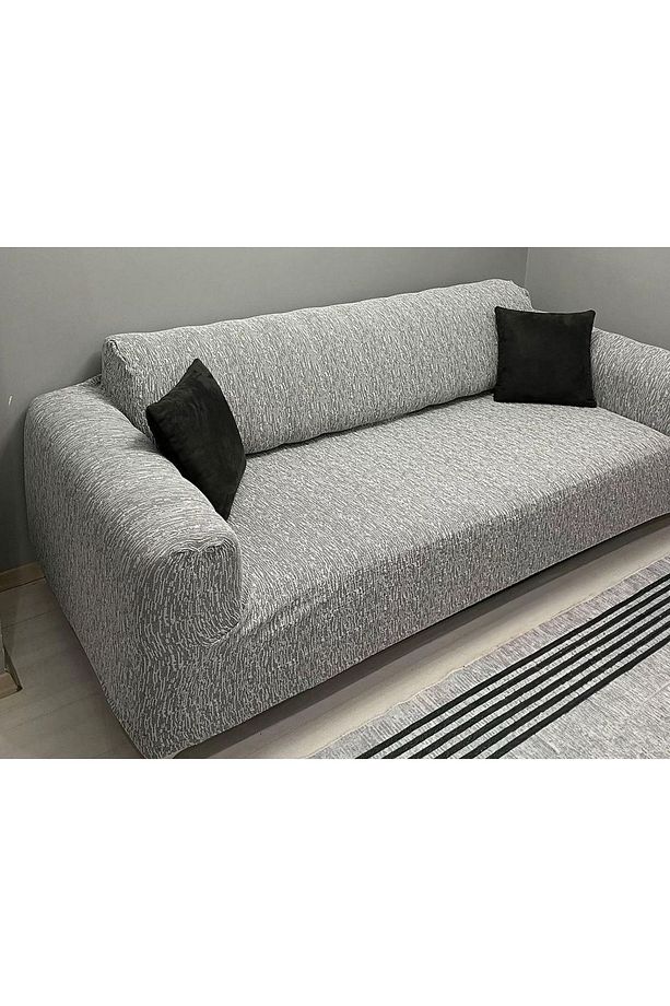 Jakarlı Düz Desen 3 3 1 1 Lastikli Koltuk Örtüsü Takımı Kanepe Çekyat Örtüsü Koltuk Kılıfı Taş-gri - 3