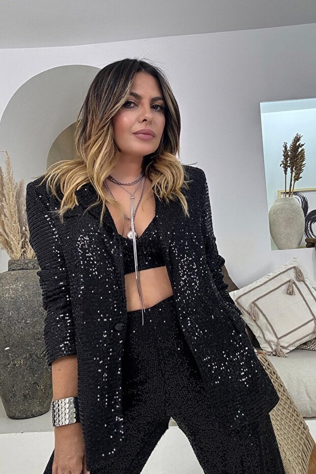 Sequined Blazer Jacket Black - 1