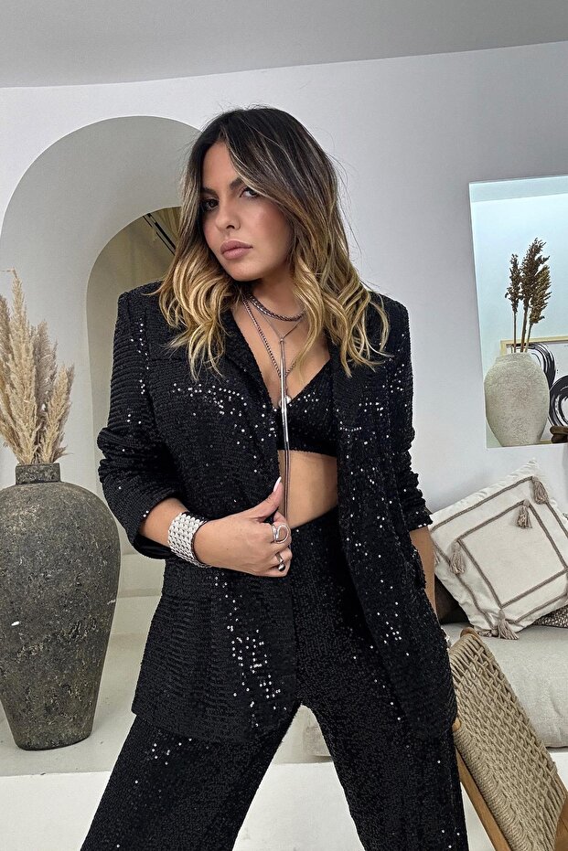 Sequined Blazer Jacket Black - 4