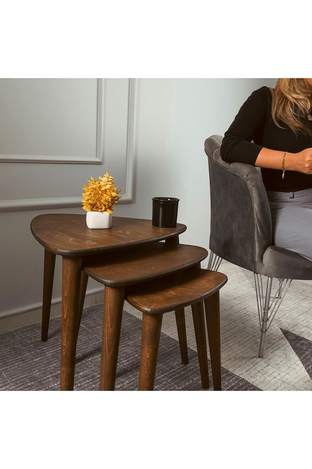 Masif Doğal Ahşap Zigon Sehpa 3'lü Set, Modern Masif Yan Sehpa Ceviz - 7