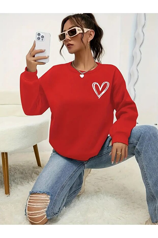 Heart Printed Crew Neck Sweatshirt