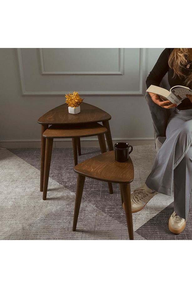 Masif Doğal Ahşap Zigon Sehpa 3'lü Set, Modern Masif Yan Sehpa Ceviz - 1