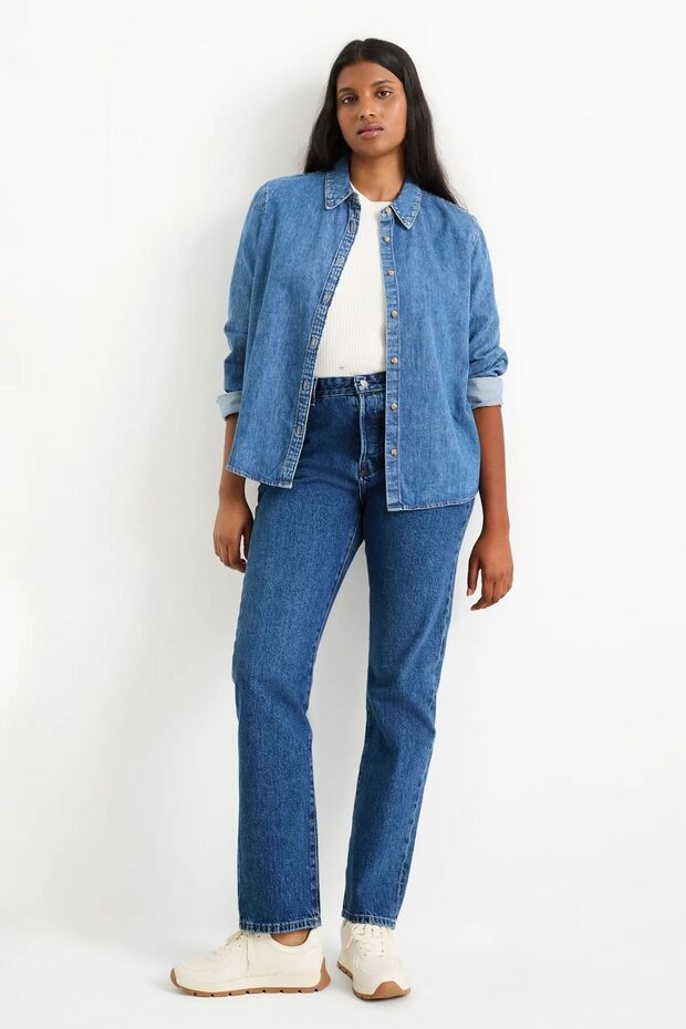 Blue Vintage Straight Jeans High Waisted Straight Leg Jeans 100% Cotton