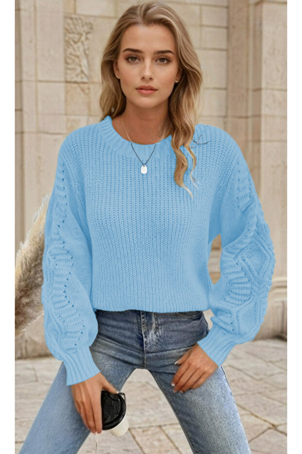Women's Balloon Sleeve Patterned Knitwear Knitted Baby Blue Sweater