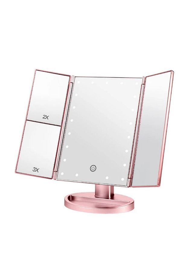 24 Led Işıklı Masa Üstü Profesyonel Makyaj aynası Katlanabilir 1X-2X-3X+10X HD Zoomlu Pembe - 4