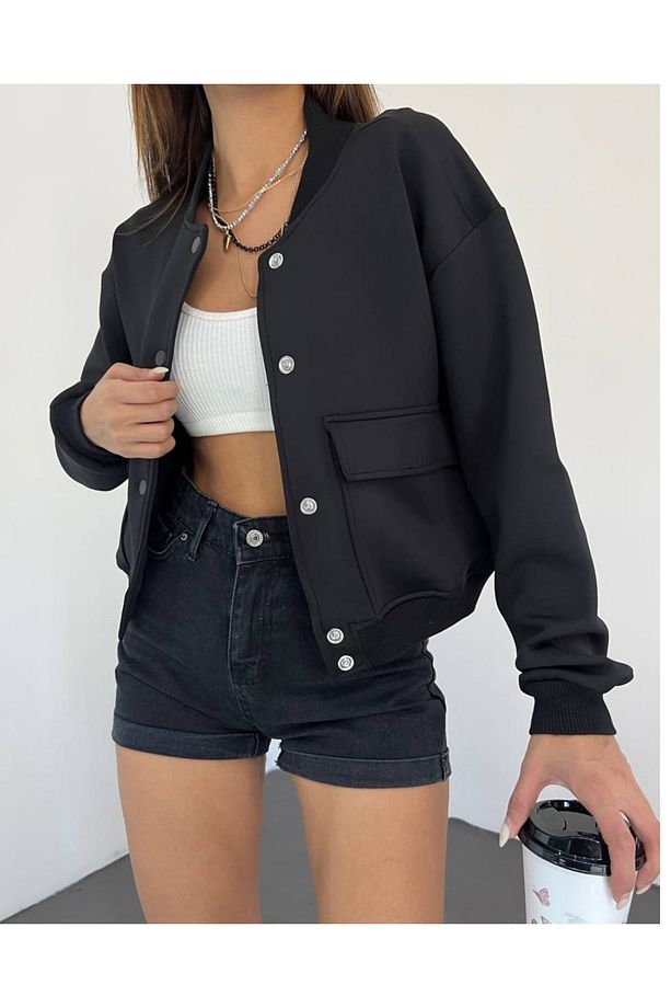 Scuba Dalgıç Kumaş Çift Cepli Çıtçıtlı Bomber Ceket - 3