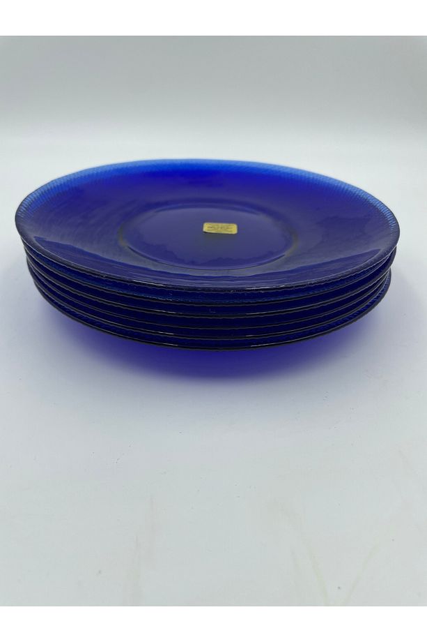 Vintage Antika Cam Pasta Tabağı - Antika Fransız Arcoroc Cam Tabak Takımı - Kobalt Mavisi Tabak - 4