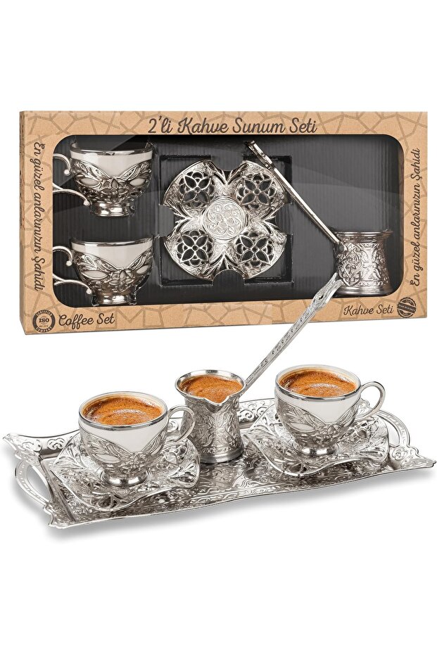 Coffee Cup Turkish Coffee Presentation Set Metal Cup Set Copper Coffee Cup with Tray Coffee Pot 2 Pieces
