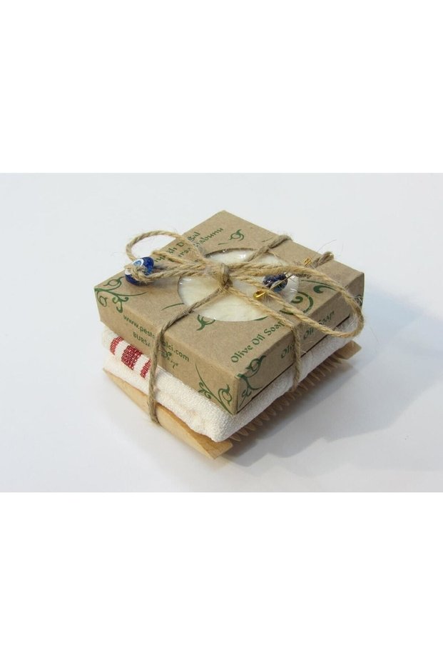 Turkish Bath Set Pouch, Heel Stone, Boxwood Comb, Olive Oil Soap 4 Pieces