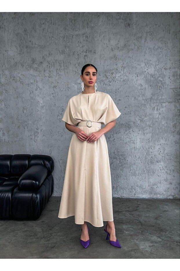 Bej Kemerli Elbise - 1