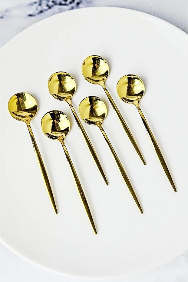 6Pcs Luxury Stainless Steel Spoon Gold Long Handle Round Dessert Spoon Coffee Ice Cream Espresso Spoon