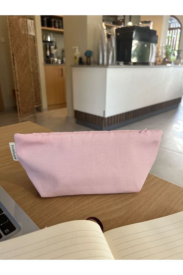 Soft Pudra Pembe Yıkanabilir Fermuarlı Tek Gözlü Bez Kalemlik Kalem Kutusu Cüzdan Makyaj Çantası - 1