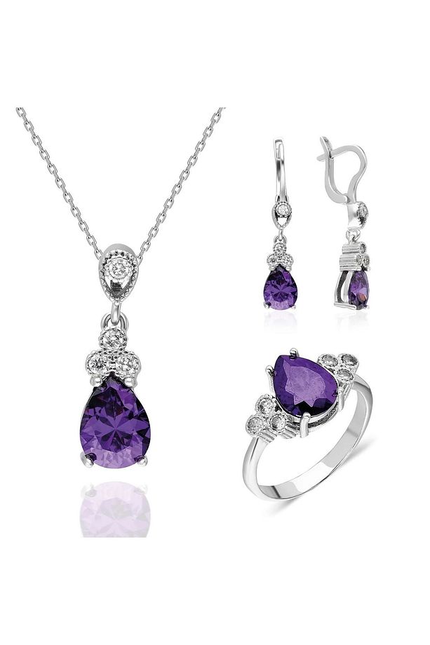 Ametist Taşlı Damla Kesim 925 Ayar Gümüş Kadın Takı Set - 1