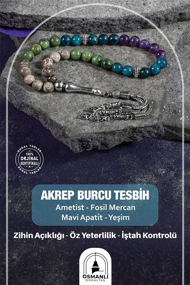 Akrep Burcu Tesbih Ametist, Fosil Mercan, Mavi Apatit, Yeşim - 1