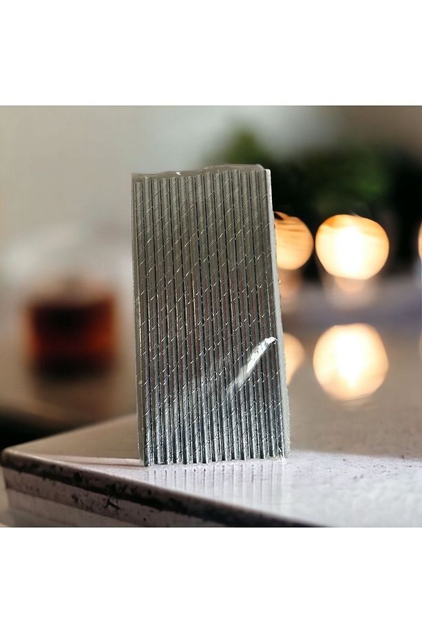 6*20 Cm Metalize Gümüş Gri Kağıt Pipet, 100 Adet - 4