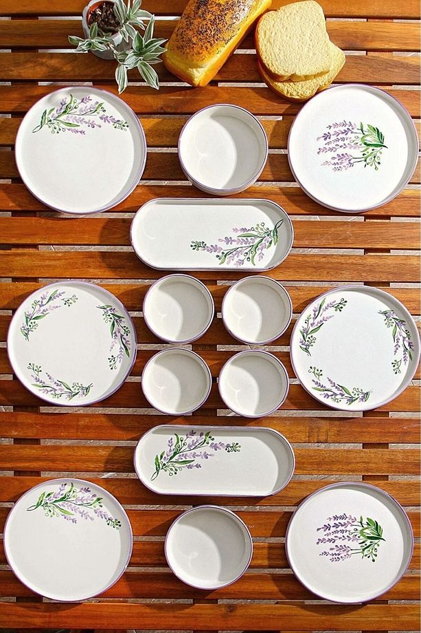 14 Parça 6 Kişilik Stackable Lavantalı Kahvaltı Takımı - Lüx Kahvaltılık Sunum Seti Tabağı - 1