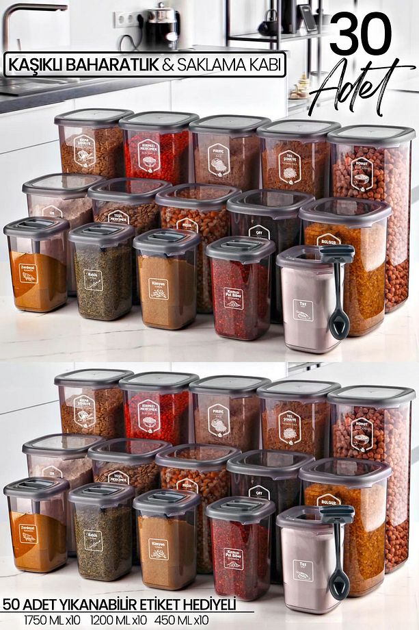 30'lu Etiketli Kare Erzak Saklama Kabı Ve Kaşıklı Baharatlık Seti (1750ML 1200ML 400 ML) - 1