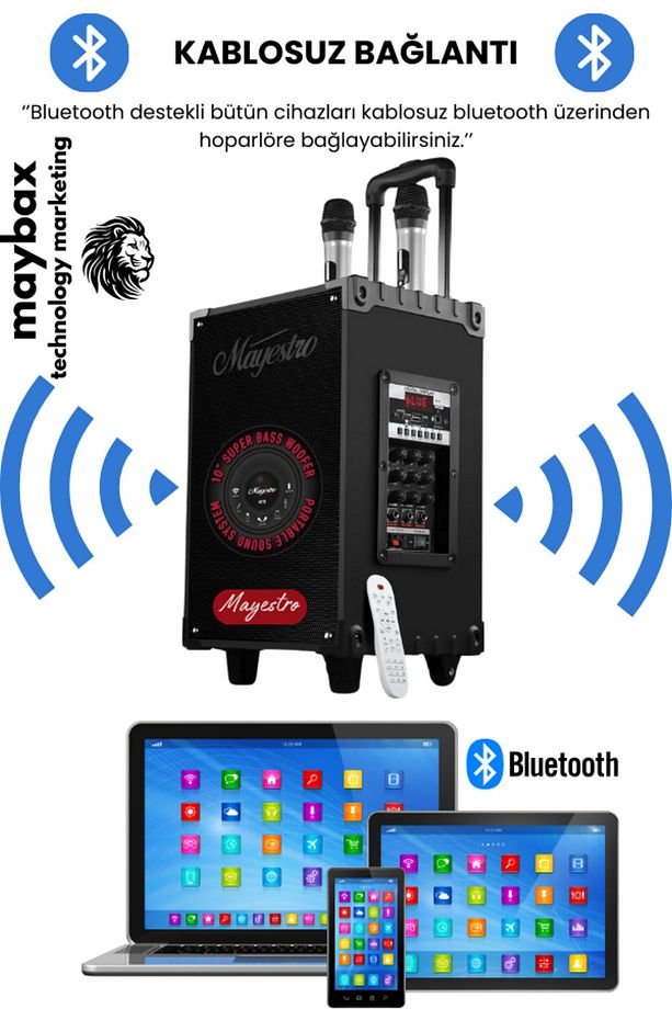 Şarjlı Kablosuz  Çift Mikrofonlu Hoparlör Karaoke Sistemi Taşınabilir Amfi Büyük Bluetooth Hoparlör - 7