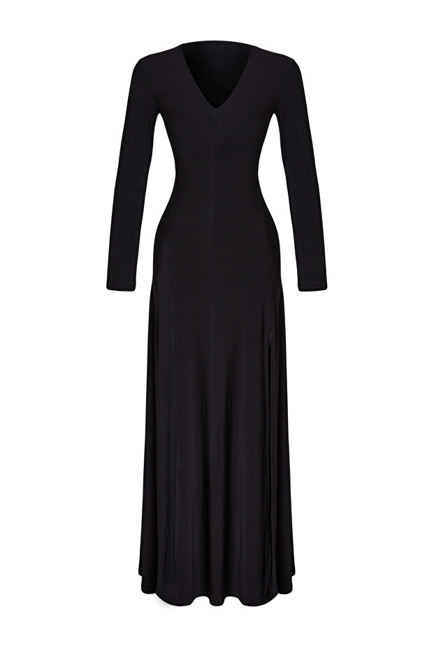 Siyah V Yaka Skater/Belden Açılan Esnek Maxi Örme Elbise TWOAW25EL00299 - 5