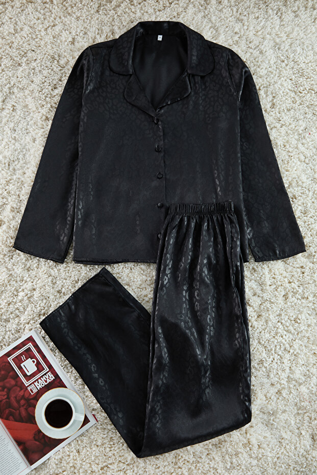 Siyah Leopar Desenli Saten Gömlek Pantolon Dokuma Pijama Takımı THMAW24PT00001 - 6