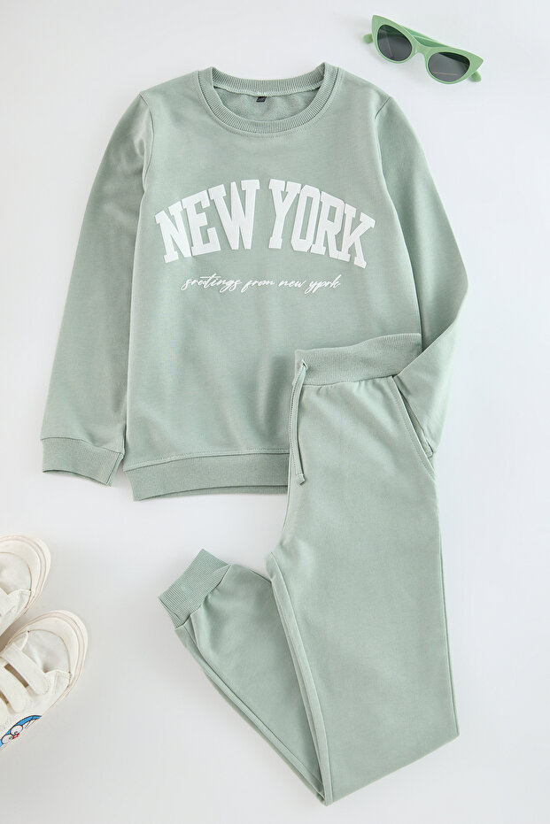 Mint Pamuklu Slogan Baskılı Kız Çocuk Örme Sweatshirt ve Eşofman Alt-Üst Takım TKDAW25AU00038 - 2