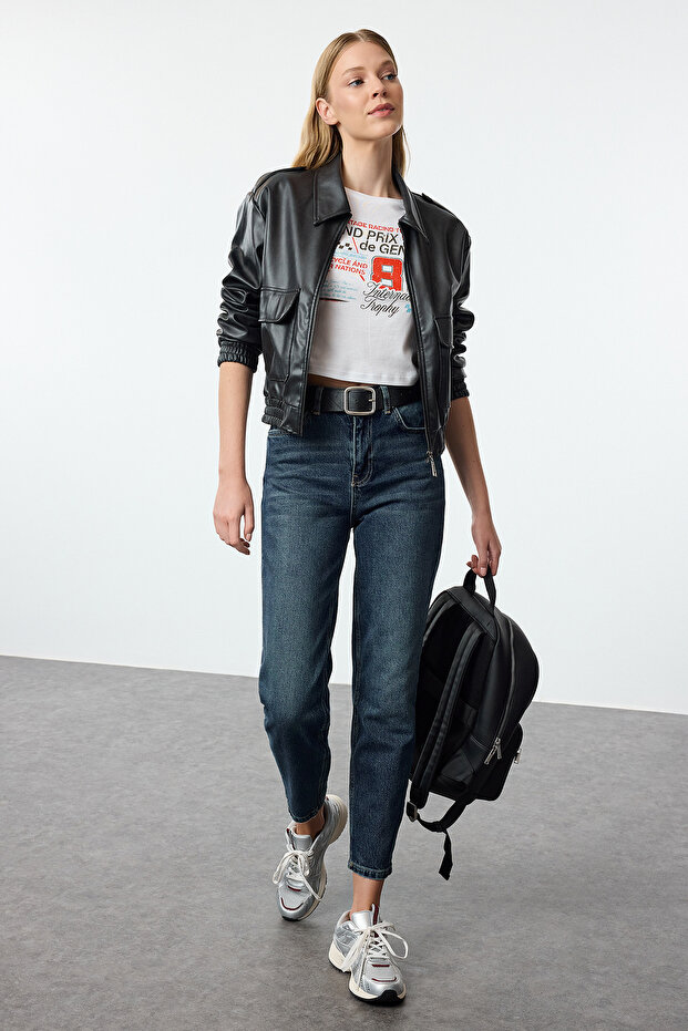 Koyu Mavi Yüksek Bel Slim Mom Jeans TWOAW25JE00153 - 1