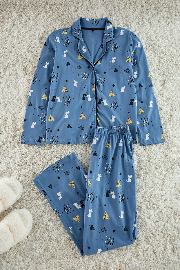 Mavi %100 Pamuklu Desenli Örme Pijama Takımı THMAW21PT0084 - 6