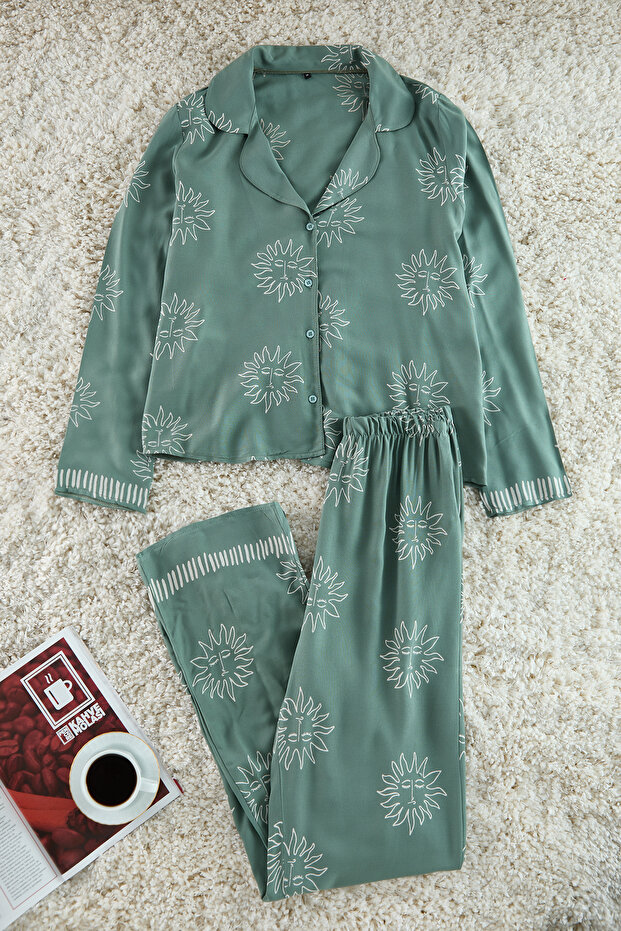 Yeşil Güneş Desenli Viskon Dokuma Pijama Takımı THMAW25PT00034 - 6