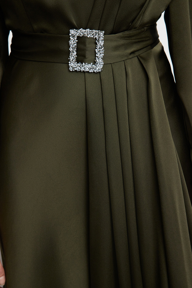 Szőtt estélyi ruha - Khaki öv részletes TCTSS24DB00056 - 4