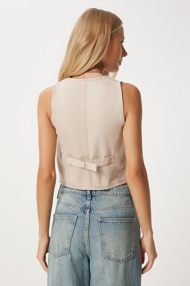 Kadın Bej V Yaka Crop Denim Yelek YL00002 - 4