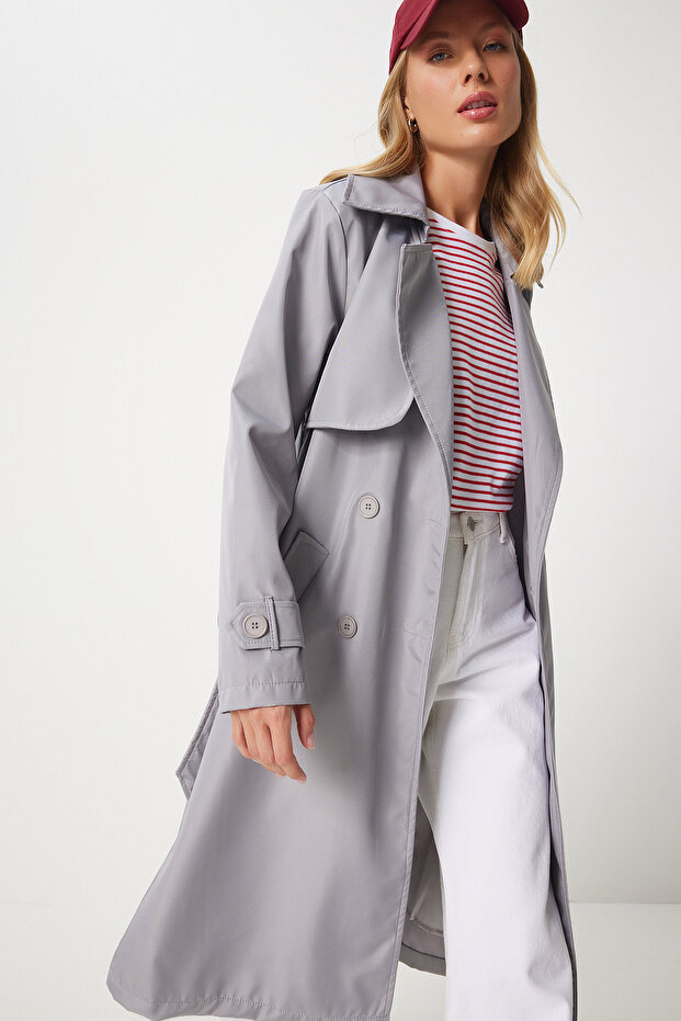 Grauer, fließender langer Trenchcoat für Damen – DD01334 - 3