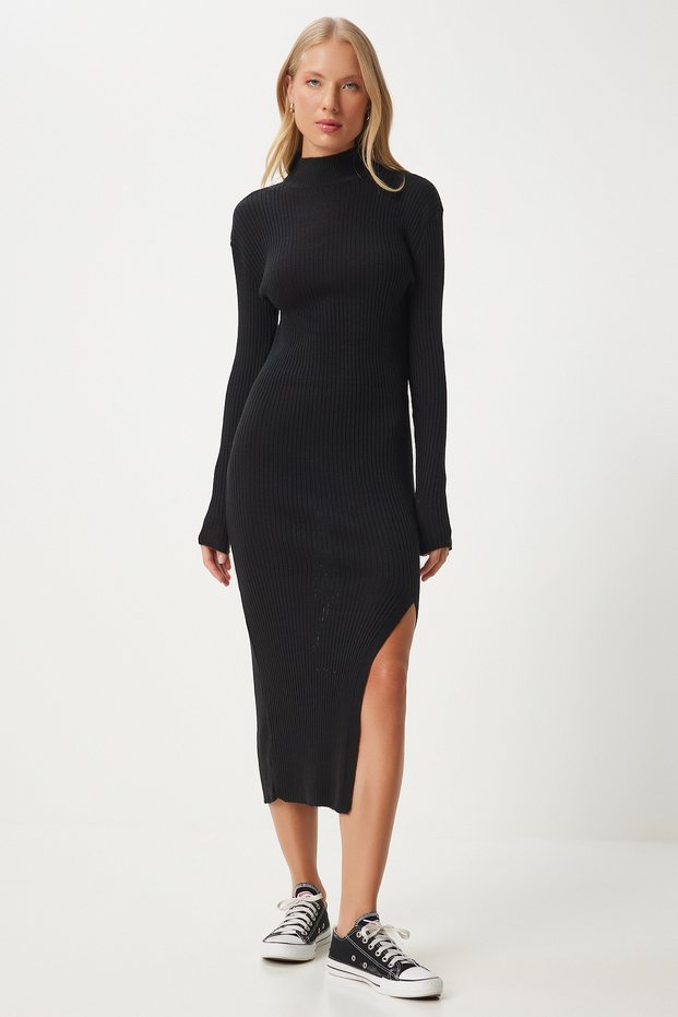 Women's Black Stand Collar Slit Saran Knitwear Dress Dd01338