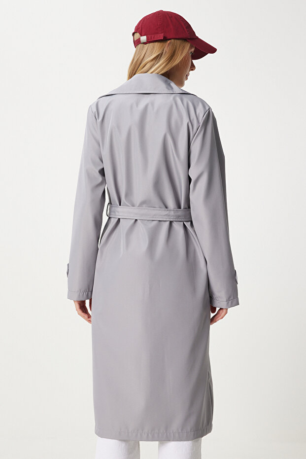 Grauer, fließender langer Trenchcoat für Damen – DD01334 - 8