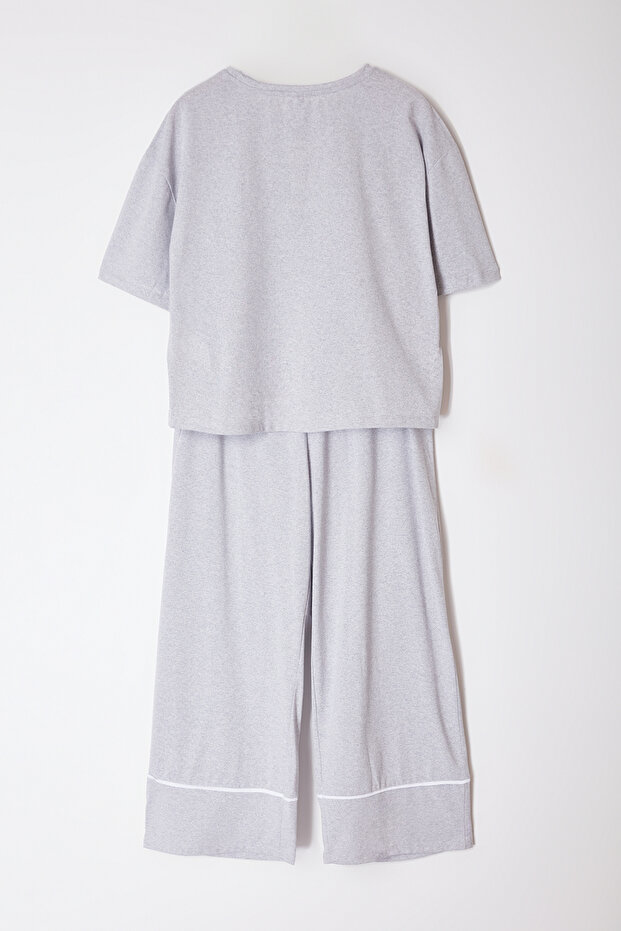 Gri Baskılı Wide Leg Crop Boy Örme Pijama Takımı TBBAW23AI00040 - 5