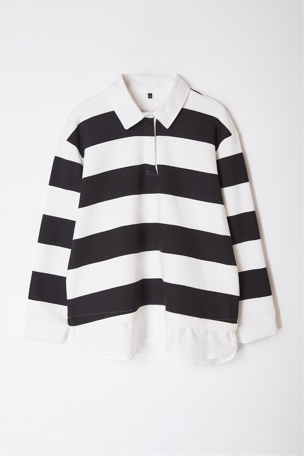 Siyah-Beyaz Çizgili Alttan Gömlek Çıkmalı Örme Büyük Beden Sweatshirt TBBAW25SW00000 - 10
