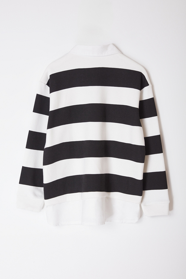 Siyah-Beyaz Çizgili Alttan Gömlek Çıkmalı Örme Büyük Beden Sweatshirt TBBAW25SW00000 - 11