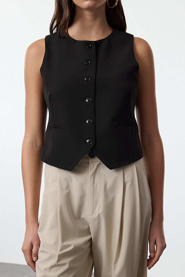 Siyah Fitted Crop Dokuma Yelek TWOAW25YE00055 - 3