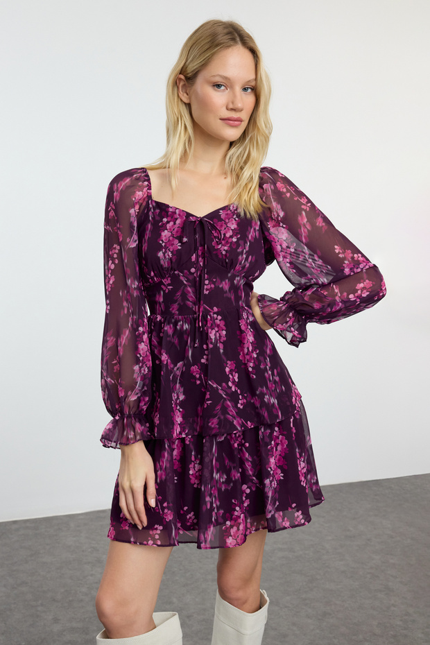 Mürdüm Çiçekli Fırfırlı Boho Mini Dokuma Elbise TWOAW23EL01455 - 2