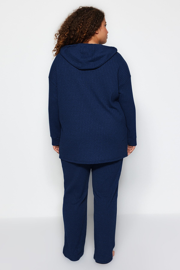 Lacivert Kapüşonlu Yaka Relaxed Fit Örme Kaşkorse Büyük Beden Alt-Üst Takım TBBAW23CP00016 - 5