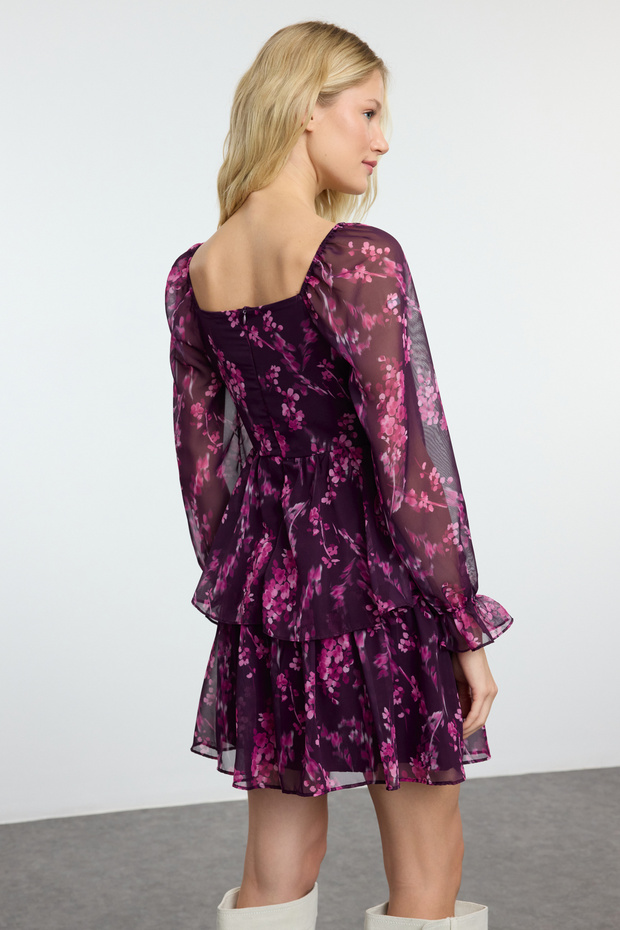 Mürdüm Çiçekli Fırfırlı Boho Mini Dokuma Elbise TWOAW23EL01455 - 5