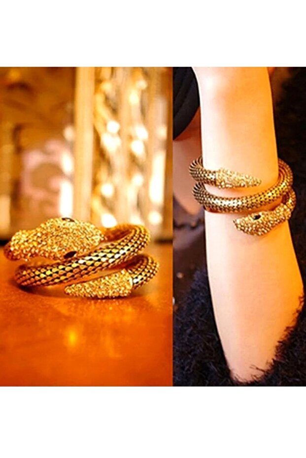 Stone Snake Detailed Spiral Bracelet Gold